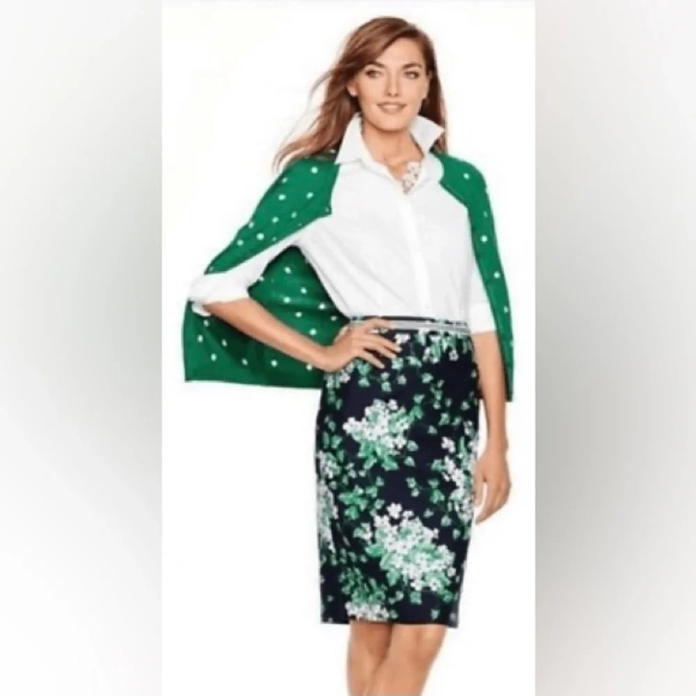 Talbots Navy Pencil Skirt with Green and Lilac Floral Print - Picture 3 of 15